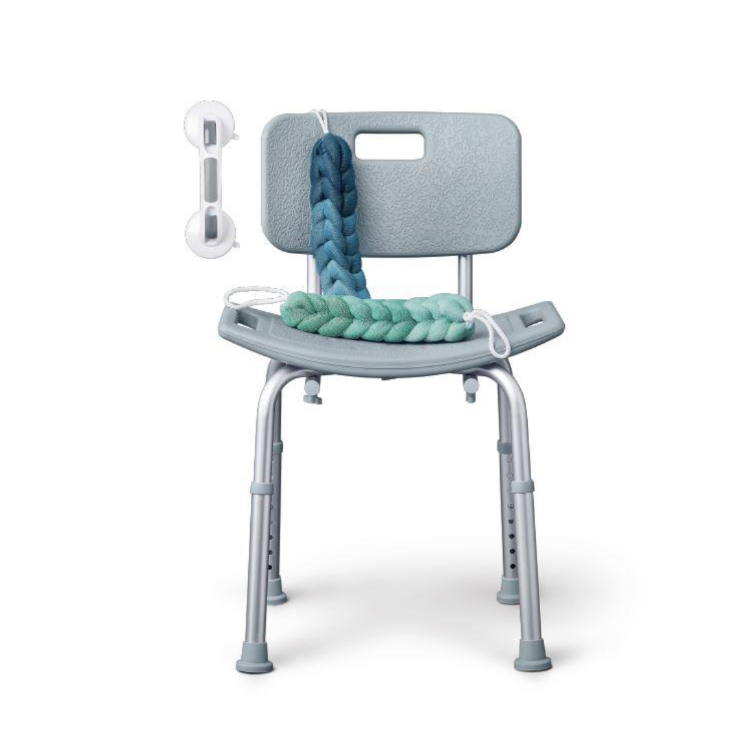 The Medline Bathe Safe & Easy Kits for Caregivers include a light blue shower chair with adjustable legs and a backrest handle, plus a braided tub safety grab rope and white suction grab bar attached. Background is white.